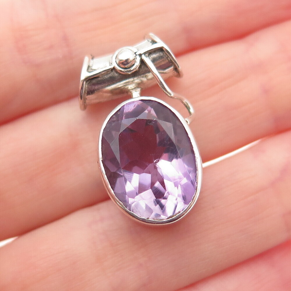 VERSANI 925 Sterling Silver Vintage Real Oval-Cut Amethyst Slide Charm Pendant